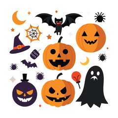 Fototapeta premium Set of Halloween vector elements like pumpkins, bats, and ghosts on white. Cute flat halloween elements illustration 