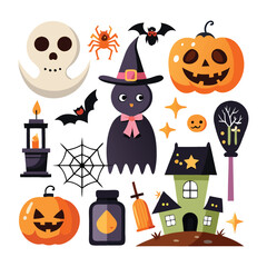 Set of Halloween vector elements like pumpkins, bats, and ghosts on white. Cute flat halloween elements illustration 