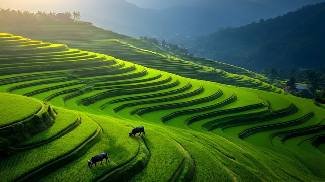 Serene Thai Rice Paddies at Sunset with Reflective Waters and Water Buffalo