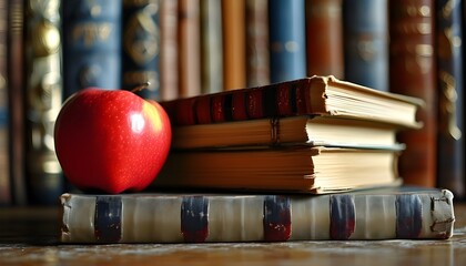 Stack of books topped with a shiny red apple in a cozy study setting