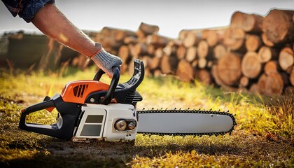 Naklejka premium Top-Quality Stihl Chainsaw with Firewood: The World’s Best-Selling Brand in Action