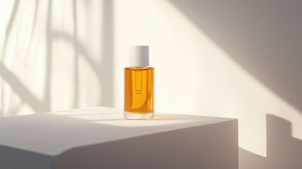 Glass Dropper Bottle with Amber Liquid on White Cube