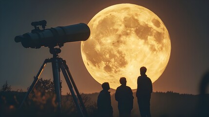 Full moon landscape, silhouette of people watching giant moon with telescope, astronomy galaxy background, observers face illuminated by moonlight. Dreamy fantasy serene atmosphere calm night 3d art
