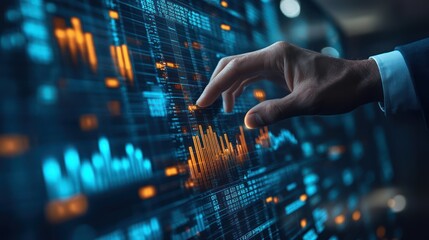 Compose a photograph showcasing a businessman's hand hovering over a rapidly ascending bar graph on a digital screen