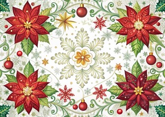 Whimsical holiday illustration of festive snowflakes, poinsettias, and ornaments amidst intricate borders, awaiting vibrant colors on a crisp white background, perfect for relaxation and creativity.