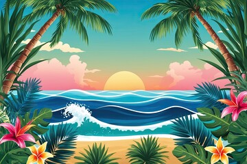 Obraz premium Vibrant Illustration of a Tropical Paradise Backdrop with Ocean Waves and Exotic Flora