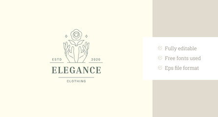 Gentle woman hands with sensitive flower line art logo design template for skin care vector illustration. Female arms with blossom floral botanical plant linear logotype for organic cosmetic