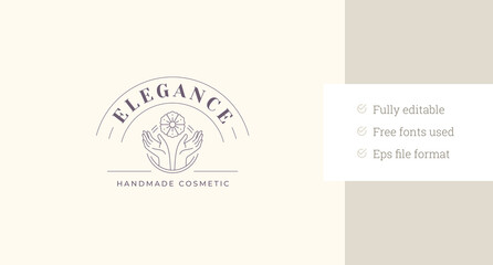 Beautiful woman hands with floral blossom line art logo design template vector illustration. Elegant female arms with organic flower minimalist linear logotype for spa handmade cosmetic brand