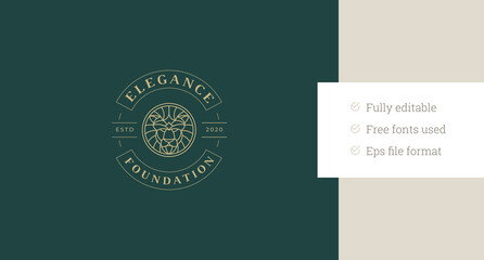 Luxury geometric lion portrait circle line art logo design template for beauty vector illustration. Abstract creative leo head minimalist linear logotype for skin hair care cosmetic brand beauty salon