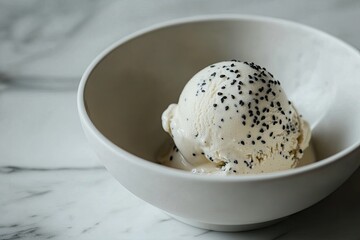 A scoop of creamy black sesame ice cream served in a minimalist white bowl with a sprinkle of sesame seeds