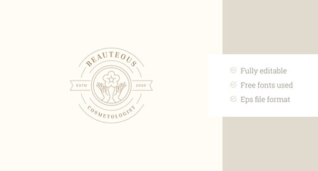 Beauty woman hands with blossom flower circle line art logo design template vector illustration. Minimalist female arms holding chamomile floral linear logotype for organic skincare coiffure brand
