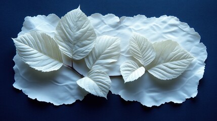 White leaves arranged on textured paper against a dark background.