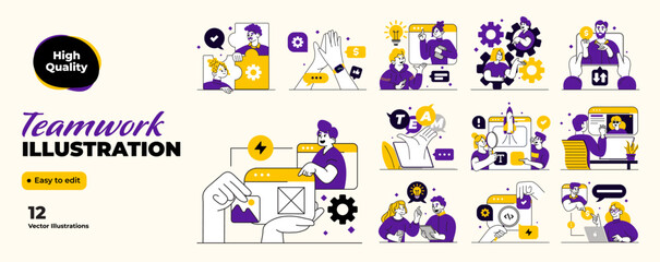 Business Teamwork illustrations. Mega set. Collection of scenes with men and women taking part in business activities. Trendy vector Illustration