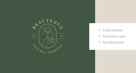 Organic flower buttercup in woman hand line art logo design template for cosmetic vector illustration. Natural blossom floral in arm linear logotype for coiffure skin care plastic surgery clinic