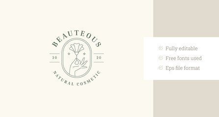 Beauty flower in hand line art circle logo design template for wellness vector illustration. Floral buttercup botanical blossom in arm linear logotype hairdresser beautician spa salon cosmetic brand