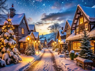 Winter wonderland scene featuring a serene snow-covered village street lined with twinkling lights, festive decorated houses, and a majestic snowflakes-filled sky at dusk.
