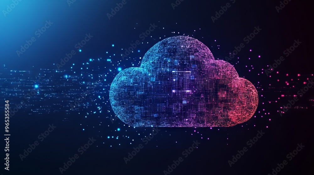 Poster abstract cloud computing technology concept. digital cloud and binary code. download and upload data