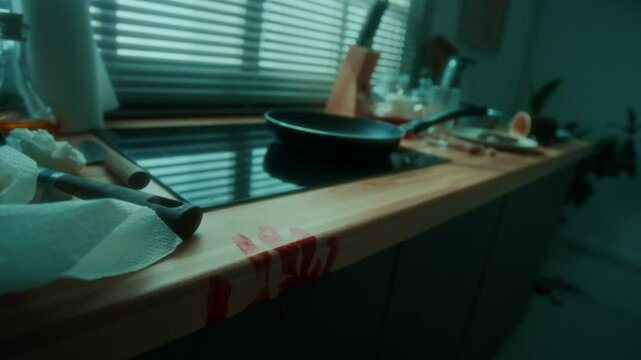 Close up view of bloody handprint on kitchen worktop in dark cluttered apartment at crime scene during night