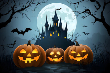 Fototapeta premium A spooky castle stands under a crimson moon. A grinning jack-o'-lantern and creepy crawlers add to the Halloween atmosphere.