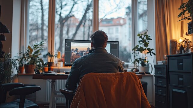 48. A virtual interview taking place in a stylish home office, with the interviewer's image clearly displayed on a large monitor, and the candidate seated in a comfortable, well-lit space