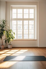 Fototapeta premium minimalist yoga studio interior with plant and sunlight