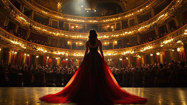 An opera diva performing in an opulent theater, her powerful voice resonating through the hall, with the rich decor and elegant lighting adding to the drama of the performance