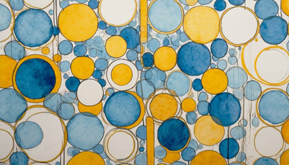 Abstract background with yellow and blue watercolor circles, hand-drawn stripes