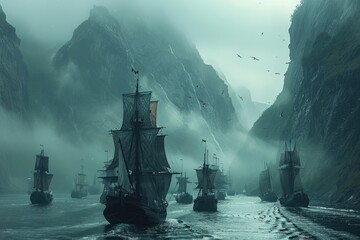 A fleet of historical sailing ships navigates a misty fjord surrounded by towering cliffs and...