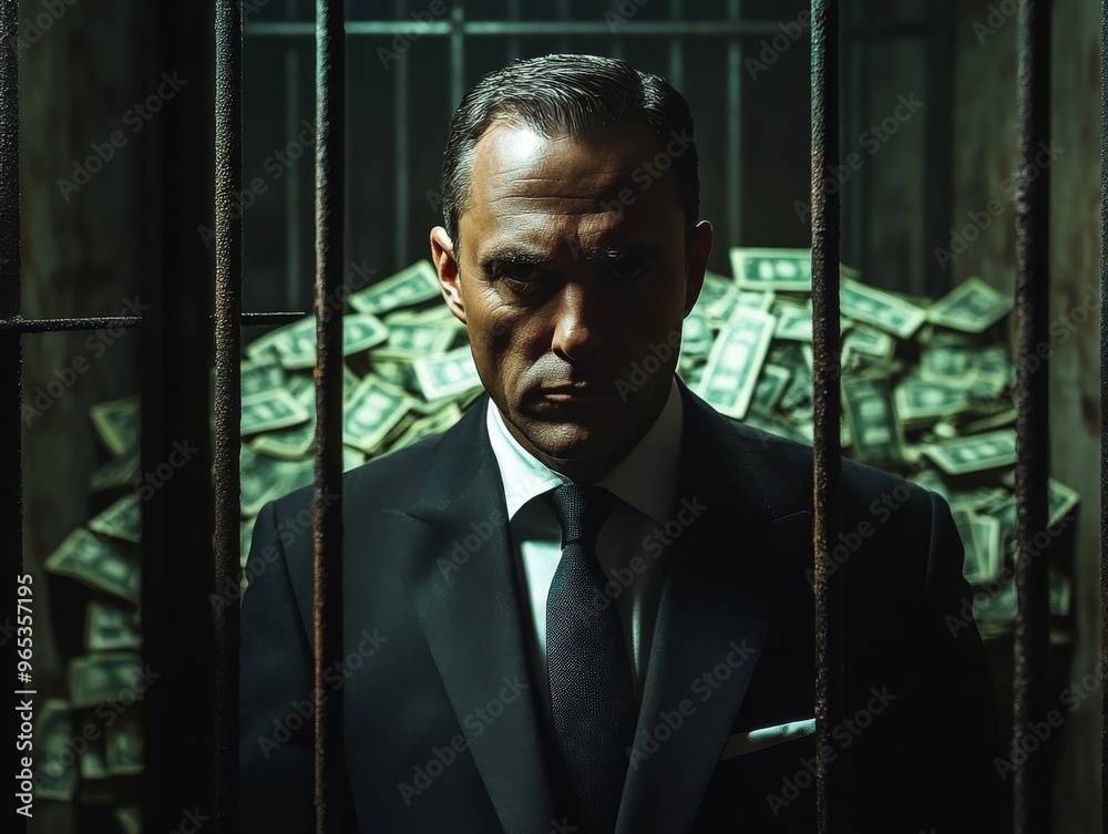 Wall mural businessman in a dark prison cell, standing behind iron bars with a large pile of money in the backg