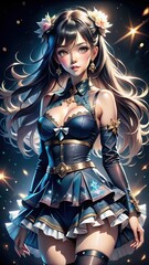 Anime Girl in Blue Dress with Stars Background