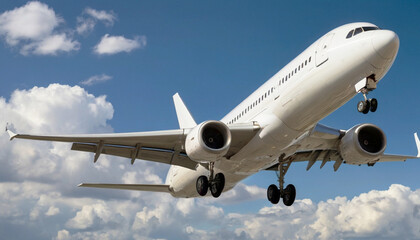 Obraz premium White passenger plane against the blue sky. Flight, tourism, travel.