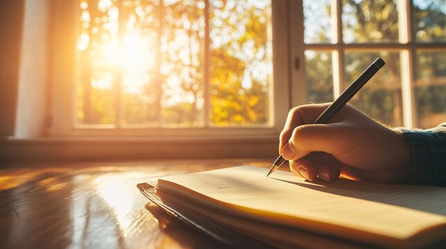 person writing in notebook by the window during sunset