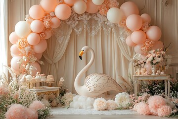White swan statue with pink and white balloons and flowers decoration.