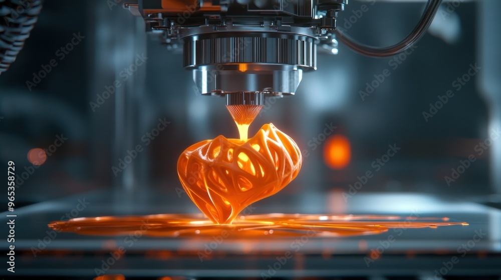 Poster 3d printer creating an orange lattice heart
