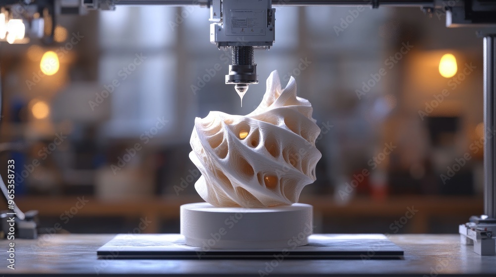 Poster 3d printer creating a white abstract sculpture