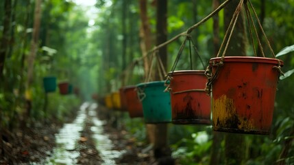 Buckets of Natural Latex Transported Through Rubber Plantation