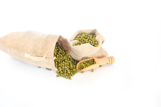 Green mung beans flso know as mung dal, vigna radiata, green beans or moong dal, Ceramic bowl of mung beans with wooden spoon on gray white background
