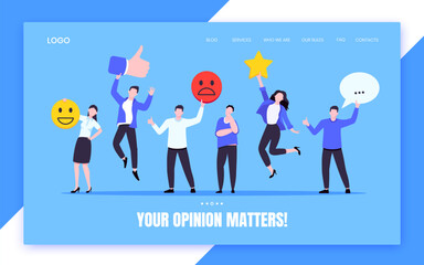 Employee feedback work satisfaction survey business concept flat vector illustration. Employee or customer feedback rating opinion with people and social icons - thumb, smile emoji, stars and heart.