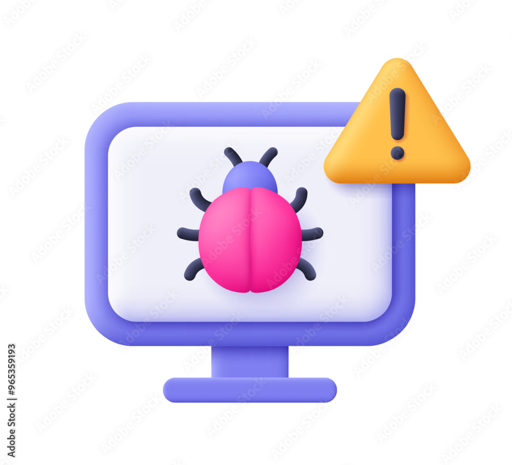 Poster computer with bug with warning symbol, triangle with exclamation point. computer virus, malware, bug