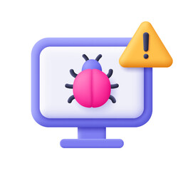 Computer with bug with warning symbol, triangle with exclamation point. Computer virus, malware, bug alert, cyber security concept. 3d vector icon. Cartoon minimal style.