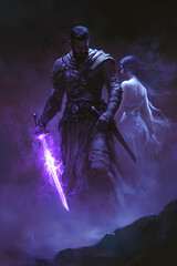 Fototapeta premium A strong looking mage in his thirties with a short beard, wielding a short sword glowing with dark purple energy