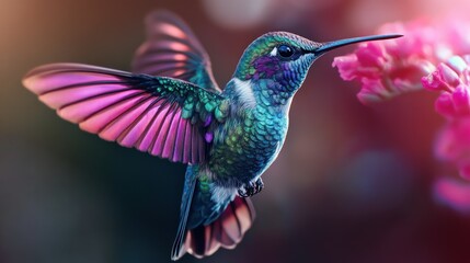 A Hummingbird with Vibrant Pink and Blue Feathers Hovering Near a Flower