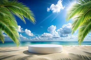 Stunning 3D Podium Art. Tropical Island Podium. 3D Podium Paradise. Elegant Tropical Podium. 3D Display Beauty.