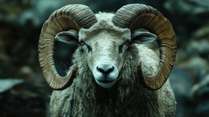 Close-up portrait of a ram with large curled horns