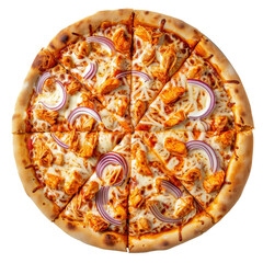 Delicious chicken pizza topped with red onions and melted cheese served on a golden crust, perfect for gatherings and parties