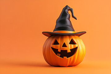 Halloween pumpkin wearing a wizard hat on orange background