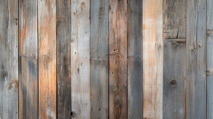 Naklejka premium Rustic Reclaimed Wood Wall with Weathered Patina in Earthy Tones - Interior Design Background in Soft Lighting