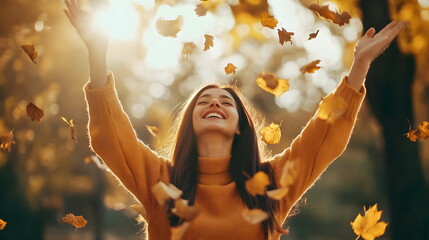 Joyful Woman Embracing Autumn Leaves Sunlight Outdoors Happiness Freedom Nature
