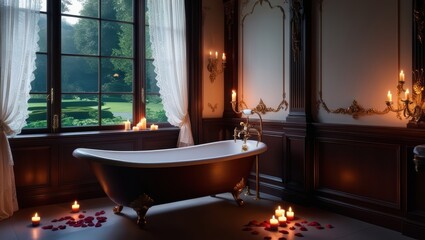 Romantic Bathtub in a Luxurious Bathroom with Candlelight