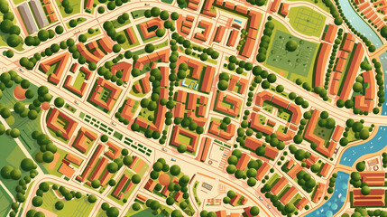 Flat style map of a city with a river and a park